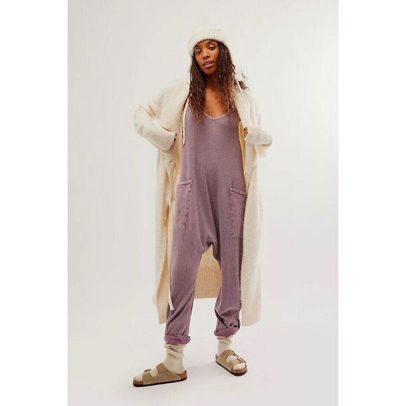 Free People FP One Frankie Jumpsuit Mauve Quail Waffle Knit Small S NEW - Picture 2 of 4